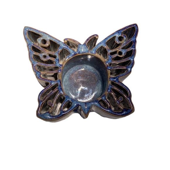 Butterfly Candle Holder Glazed Tan Blue Votive U… - Picture 2 of 7